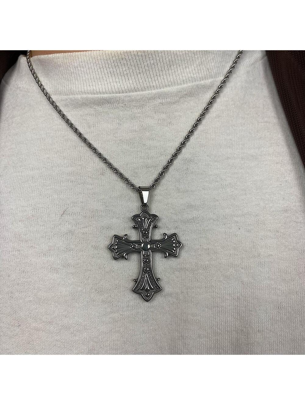 Stainless steel y2k style gothic silver cross pendant necklace. 20 inches - Picture 6 of 8